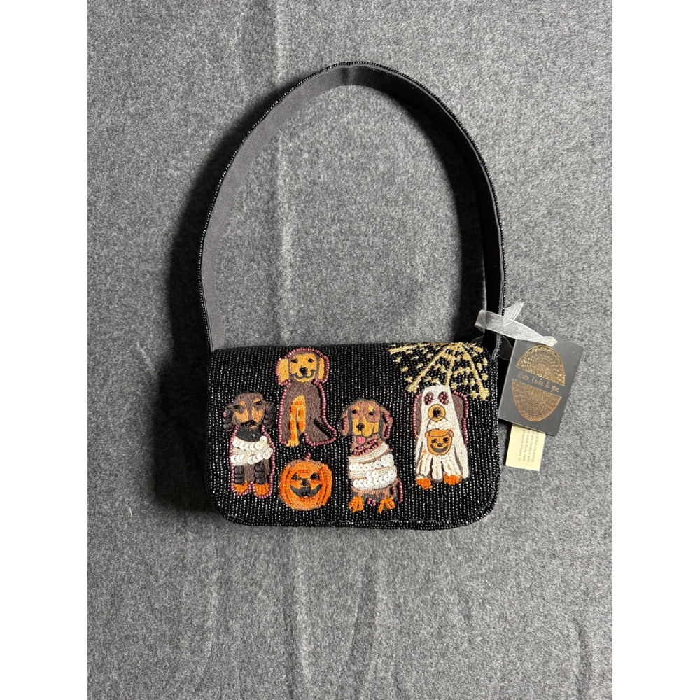 Hand Beaded Black Halloween Dachshund Dog Shoulder Bag From India To You